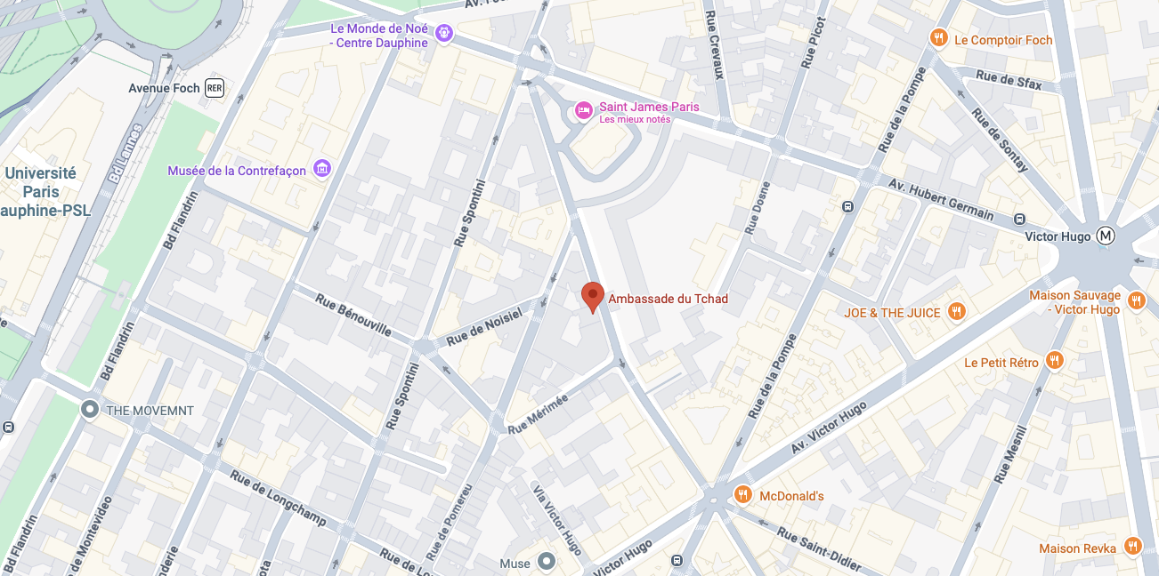 Localisation de l'ambassade : 65 rue des Belles Feuilles, Paris